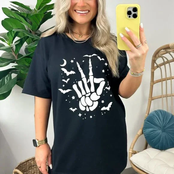 Black Halloween Bat & Skeleton Hand Graphic Tee - Picture 7 of 12